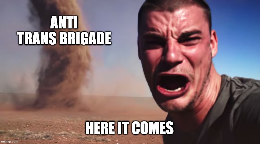 Here it comes | ANTI TRANS BRIGADE; HERE IT COMES | image tagged in here it comes | made w/ Imgflip meme maker
