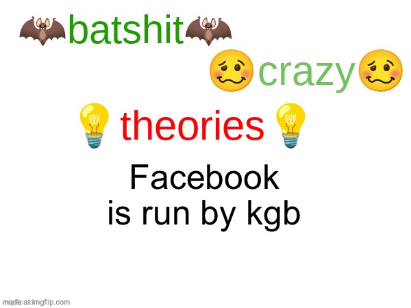 batshit crazy theories | Facebook is run by kgb | image tagged in batshit crazy theories | made w/ Imgflip meme maker