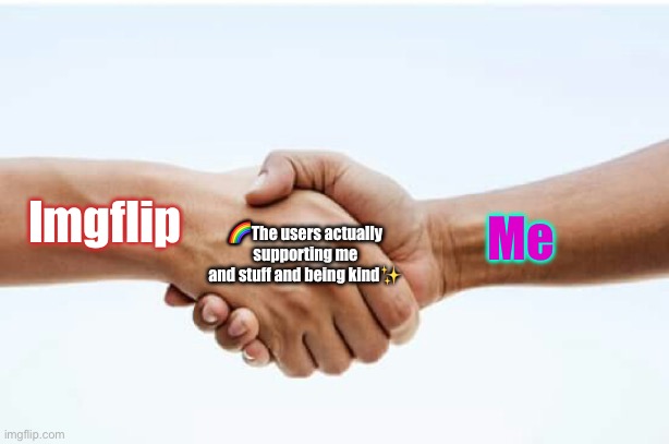 this happened in other streams | Imgflip; 🌈The users actually supporting me and stuff and being kind✨; Me | image tagged in hand shake | made w/ Imgflip meme maker