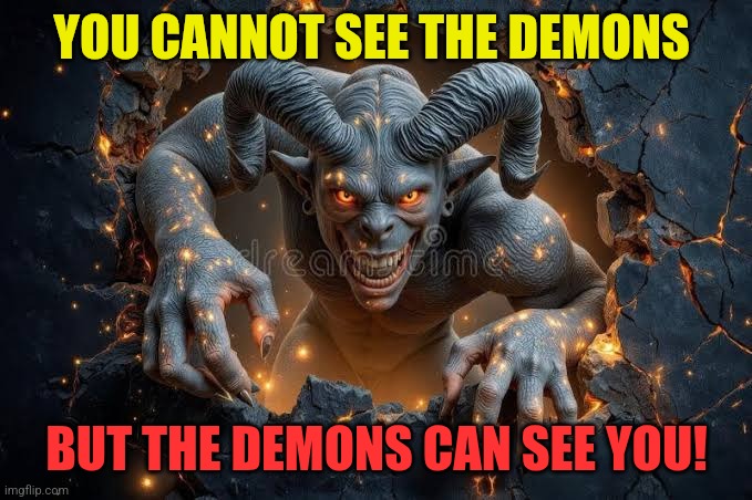 You cannot see the Demons - but the Demons can see you | YOU CANNOT SEE THE DEMONS; BUT THE DEMONS CAN SEE YOU! | image tagged in demon,demon universe,horror,jamar logan | made w/ Imgflip meme maker