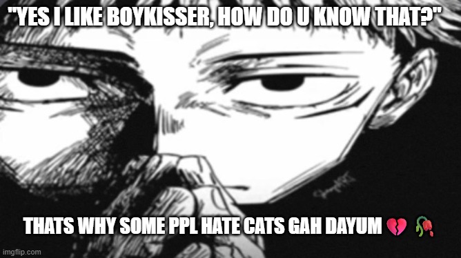 Itadori Yuji Son | ''YES I LIKE BOYKISSER, HOW DO U KNOW THAT?''; THATS WHY SOME PPL HATE CATS GAH DAYUM💔🥀 | image tagged in itadori yuji son | made w/ Imgflip meme maker