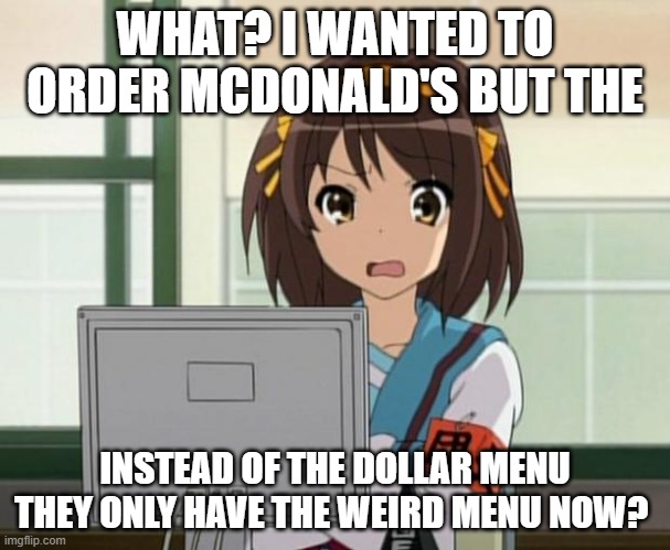 this suuuucks! | WHAT? I WANTED TO ORDER MCDONALD'S BUT THE; INSTEAD OF THE DOLLAR MENU THEY ONLY HAVE THE WEIRD MENU NOW? | image tagged in haruhi internet disturbed | made w/ Imgflip meme maker