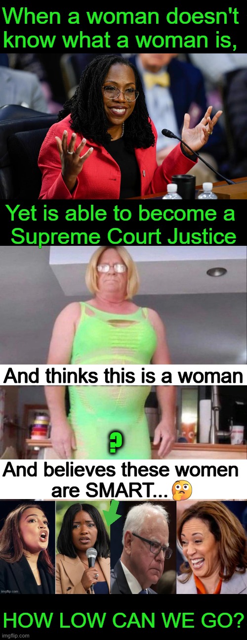 Exceeding Our Expectations, As Evil Ignores Excellence In Favor of Failure. vB | When a woman doesn't 
know what a woman is, Yet is able to become a 
Supreme Court Justice; And thinks this is a woman; ? And believes these women 
are SMART...🤔; HOW LOW CAN WE GO? | image tagged in democrats,identity crisis,fake,frauds,mental illness,rock bottom | made w/ Imgflip meme maker