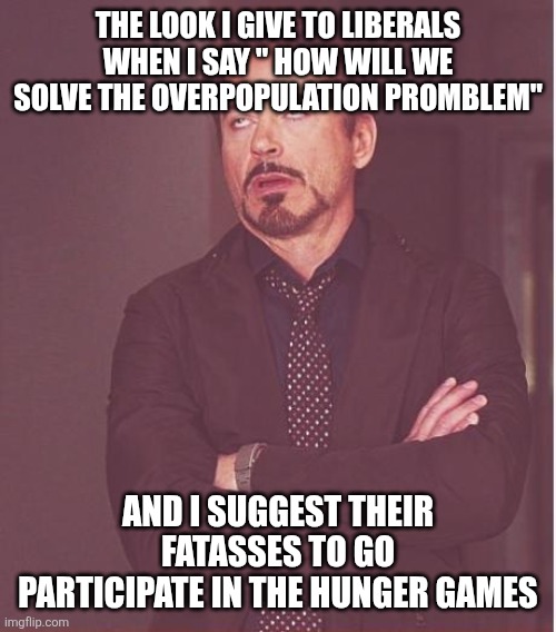Face You Make Robert Downey Jr Meme | THE LOOK I GIVE TO LIBERALS WHEN I SAY " HOW WILL WE SOLVE THE OVERPOPULATION PROMBLEM"; AND I SUGGEST THEIR FATASSES TO GO PARTICIPATE IN THE HUNGER GAMES | image tagged in memes,face you make robert downey jr | made w/ Imgflip meme maker