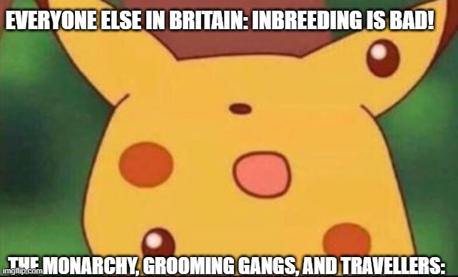 Pikachu inbred | EVERYONE ELSE IN BRITAIN: INBREEDING IS BAD! THE MONARCHY, GROOMING GANGS, AND TRAVELLERS: | image tagged in pikachu inbred | made w/ Imgflip meme maker