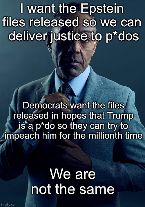 why did zero dems talk about the epstein files until last summer... hmmm | I want the Epstein files released so we can  deliver justice to p*dos; Democrats want the files released in hopes that Trump is a p*do so they can try to impeach him for the millionth time; We are not the same | image tagged in gus fring we are not the same,jeffrey epstein,epstein files,trump,democrats | made w/ Imgflip meme maker