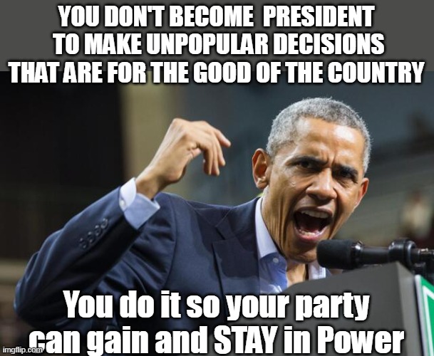 YOU DON'T BECOME  PRESIDENT  TO MAKE UNPOPULAR DECISIONS THAT ARE FOR THE GOOD OF THE COUNTRY You do it so your party can gain and STAY in P | made w/ Imgflip meme maker