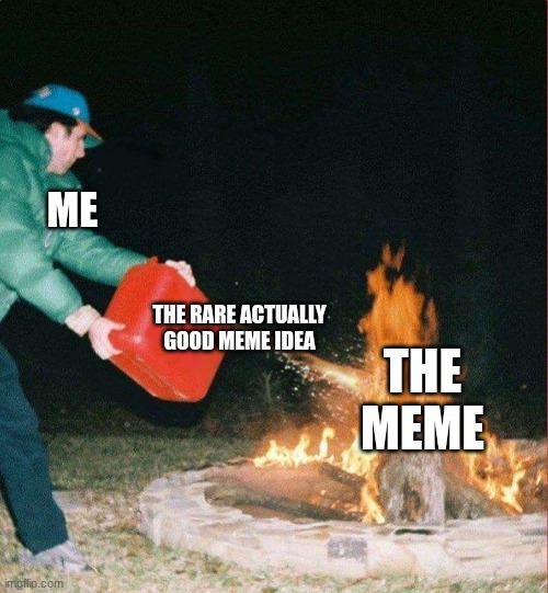 good idea | ME; THE RARE ACTUALLY GOOD MEME IDEA; THE MEME | image tagged in oil on a fire,good idea,meme,fire,ok cool,oh wow are you actually reading these tags | made w/ Imgflip meme maker