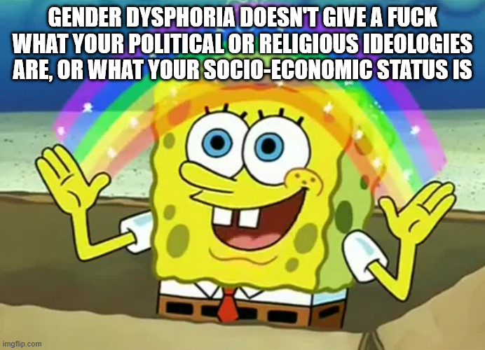 Spongebob The More You Know | GENDER DYSPHORIA DOESN'T GIVE A FUCK WHAT YOUR POLITICAL OR RELIGIOUS IDEOLOGIES ARE, OR WHAT YOUR SOCIO-ECONOMIC STATUS IS | image tagged in spongebob the more you know | made w/ Imgflip meme maker