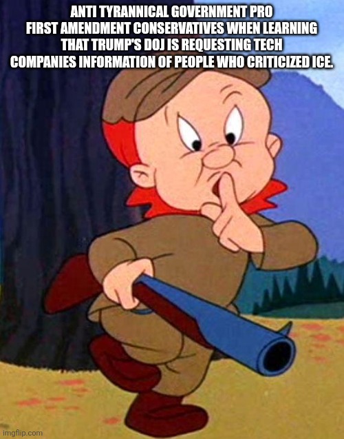 Quiet cons | ANTI TYRANNICAL GOVERNMENT PRO FIRST AMENDMENT CONSERVATIVES WHEN LEARNING THAT TRUMP'S DOJ IS REQUESTING TECH COMPANIES INFORMATION OF PEOPLE WHO CRITICIZED ICE. | image tagged in donald trump,trump,maga,doj,ice,nevertrump | made w/ Imgflip meme maker