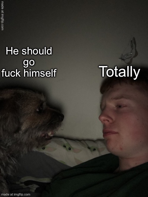 Dog talk but fixed | He should go fuck himself Totally | image tagged in dog talk but fixed | made w/ Imgflip meme maker