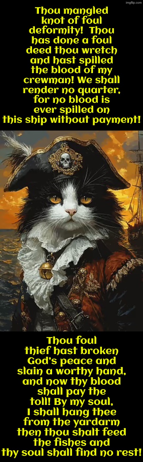 Thou Mangled Knot Of Foul Deformity | Thou mangled knot of foul deformity!  Thou has done a foul deed thou wretch and hast spilled the blood of my crewman! We shall render no quarter, for no blood is ever spilled on this ship without payment! Thou foul thief hast broken God’s peace and slain a worthy hand, and now thy blood shall pay the toll! By my soul, I shall hang thee from the yardarm then thou shalt feed the fishes and thy soul shall find no rest! | image tagged in cats,medieval memes,pirates,insults,funny cats,criminal | made w/ Imgflip meme maker