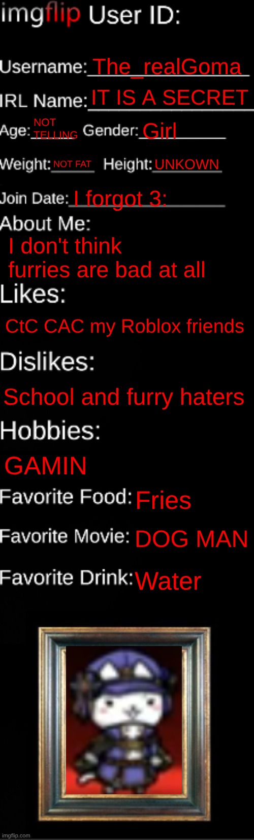 Abt me sorry for being late | The_realGoma; IT IS A SECRET; NOT TELLING; Girl; NOT FAT; UNKOWN; I forgot 3:; I don't think furries are bad at all; CtC CAC my Roblox friends; School and furry haters; GAMIN; Fries; DOG MAN; Water | image tagged in imgflip id card | made w/ Imgflip meme maker
