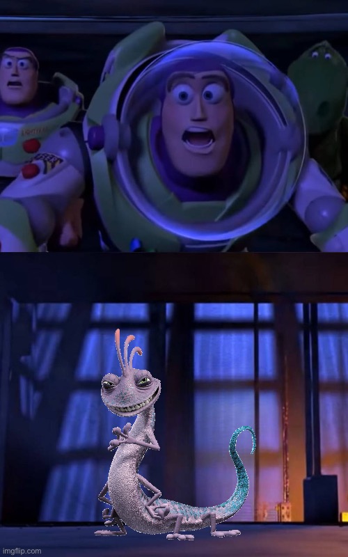 The Toy Story Gang meet Randall Boggs (Monsters Inc) | image tagged in the toy story gang meets what character,disney,pixar,monsters inc,toy story,memes | made w/ Imgflip meme maker
