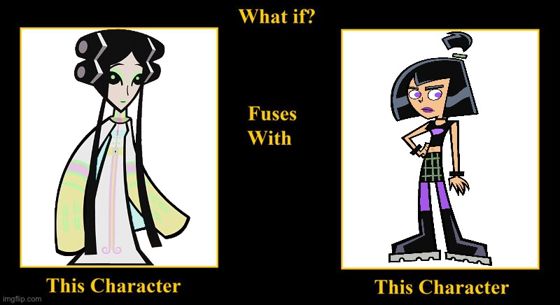 Rattle Diva Fuses With Sam Manson | image tagged in blank fusion meme,sam manson,danny phantom,hero 108,rattle diva,black hair | made w/ Imgflip meme maker