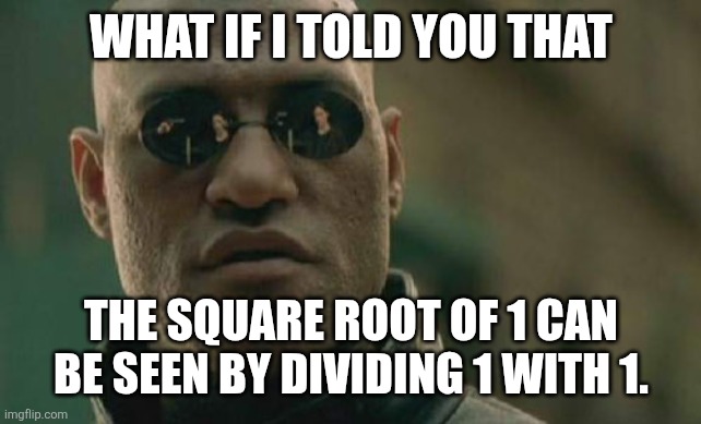 Matrix Morpheus Meme | WHAT IF I TOLD YOU THAT; THE SQUARE ROOT OF 1 CAN BE SEEN BY DIVIDING 1 WITH 1. | image tagged in memes,maths,facts | made w/ Imgflip meme maker