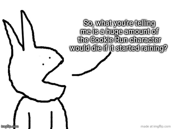 Speaking | So, what you're telling me is a huge amount of the Cookie Run character would die if it started raining? | image tagged in speaking | made w/ Imgflip meme maker