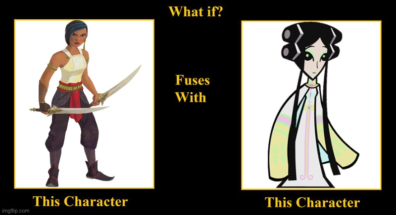 Namaari of Fang Fuses With Rattle Diva | image tagged in blank fusion meme,hero 108,rattle diva,namaari,raya and the last dragon,asian | made w/ Imgflip meme maker