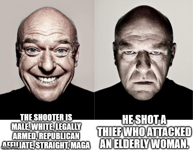 THE SHOOTER IS MALE, WHITE, LEGALLY ARMED, REPUBLICAN AFFILIATE, STRAIGHT, MAGA HE SHOT A THIEF WHO ATTACKED AN ELDERLY WOMAN. | image tagged in breaking bad smile frown | made w/ Imgflip meme maker