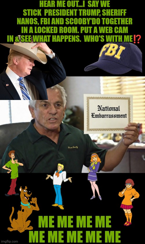 Trump, Nanos, FBI and Scooby Doo's gang brainstorming Nancy's disappearance | HEAR ME OUT...I  SAY WE STICK  PRESIDENT TRUMP, SHERIFF NANOS, FBI AND SCOOBY'DO TOGETHER IN A LOCKED ROOM. PUT A WEB CAM IN & SEE WHAT HAPPENS.  WHO'S WITH ME⁉️; ME ME ME ME ME ME ME ME ME | image tagged in nancy guthrie,savannah guthrie,trump,scooby doo,fbi,sheriff nanos | made w/ Imgflip meme maker