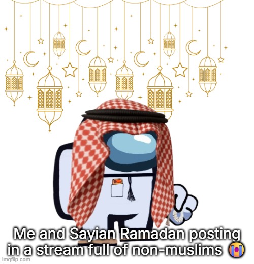 ArabMogus Ramadan temp (thanks eshaheer for the og image) | Me and Sayian Ramadan posting in a stream full of non-muslims 😭 | image tagged in arabmogus ramadan temp thanks eshaheer for the og image | made w/ Imgflip meme maker