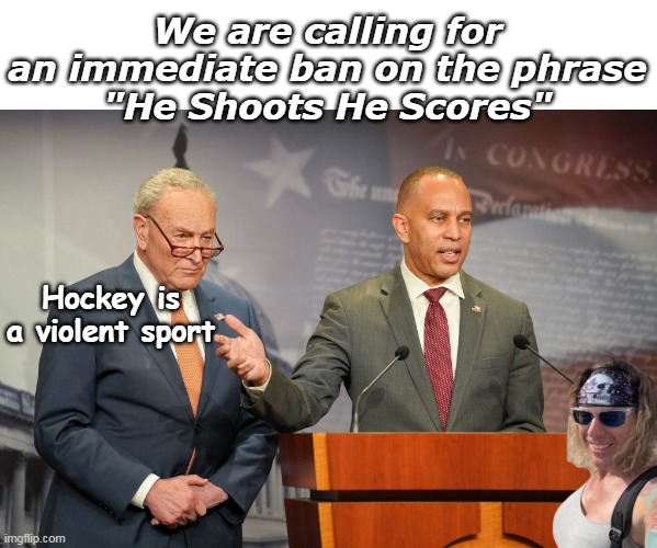 Forget Mental Health Just Ban Something | We are calling for an immediate ban on the phrase
"He Shoots He Scores"; Hockey is a violent sport | image tagged in schumer jeffries hockey shooter meme | made w/ Imgflip meme maker
