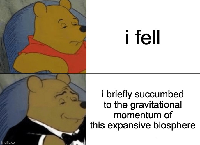speaking 17th century english be like | i fell; i briefly succumbed to the gravitational momentum of this expansive biosphere | image tagged in memes,tuxedo winnie the pooh,english | made w/ Imgflip meme maker
