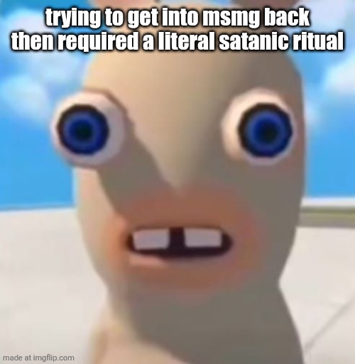 Idiot Rabbid | trying to get into msmg back then required a literal satanic ritual | image tagged in idiot rabbid | made w/ Imgflip meme maker