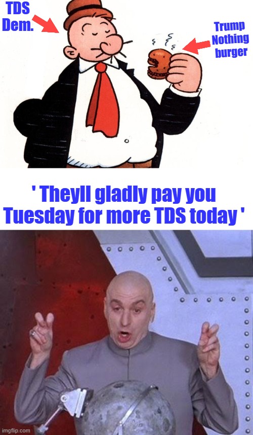 Wa Wa waaaaaaaa | Trump Nothing burger; TDS Dem. ' Theyll gladly pay you Tuesday for more TDS today ' | image tagged in memes,dr evil laser | made w/ Imgflip meme maker