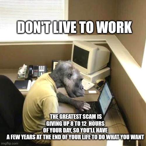 Monkey Business | DON'T LIVE TO WORK; THE GREATEST SCAM IS GIVING UP 8 TO 12  HOURS OF YOUR DAY, SO YOU'LL HAVE A FEW YEARS AT THE END OF YOUR LIFE TO DO WHAT YOU WANT | image tagged in memes,monkey business | made w/ Imgflip meme maker