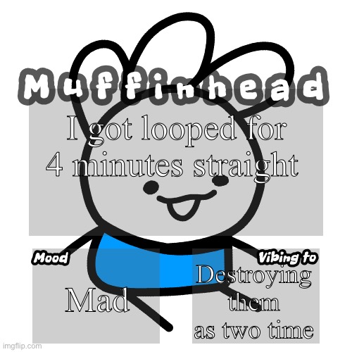 Poor guy | I got looped for 4 minutes straight; Mad; Destroying them as two time | image tagged in muffinhead announcement template | made w/ Imgflip meme maker
