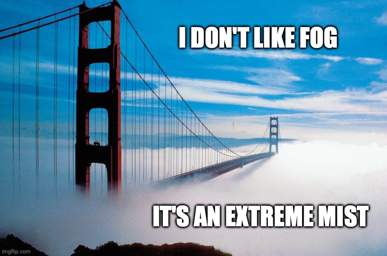 Fog | I DON'T LIKE FOG; IT'S AN EXTREME MIST | image tagged in bad pun | made w/ Imgflip meme maker