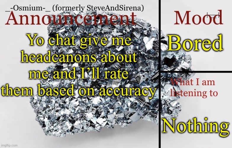 Ragh | Bored; Yo chat give me headcanons about me and I’ll rate them based on accuracy; Nothing | image tagged in _-osmium-_ announcement template | made w/ Imgflip meme maker