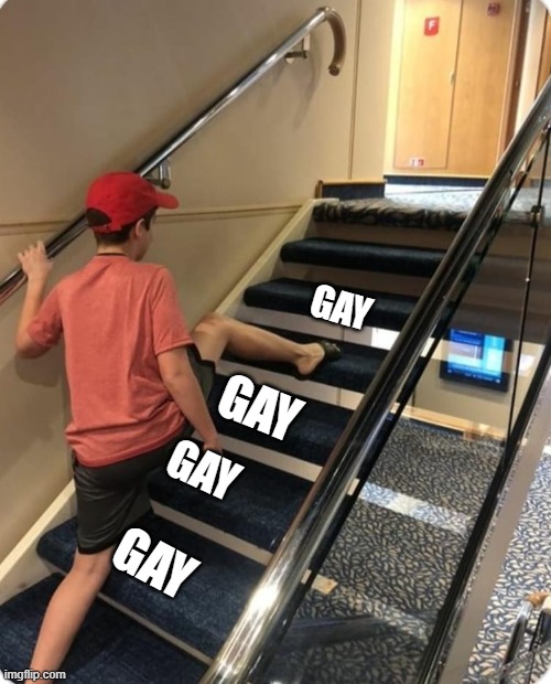 gay | GAY; GAY; GAY; GAY | image tagged in skipping steps,gay | made w/ Imgflip meme maker