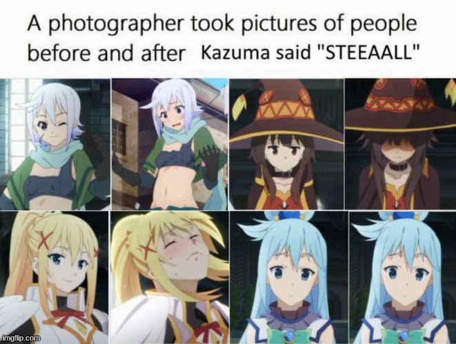 image tagged in konosuba,megumin,aqua,darkness,chris | made w/ Imgflip meme maker