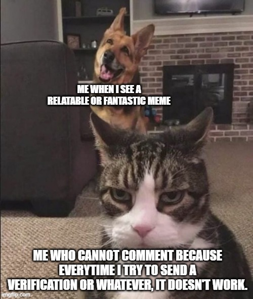I can't comment. | ME WHEN I SEE A RELATABLE OR FANTASTIC MEME; ME WHO CANNOT COMMENT BECAUSE EVERYTIME I TRY TO SEND A VERIFICATION OR WHATEVER, IT DOESN'T WORK. | image tagged in happy dog and annoyed cat | made w/ Imgflip meme maker