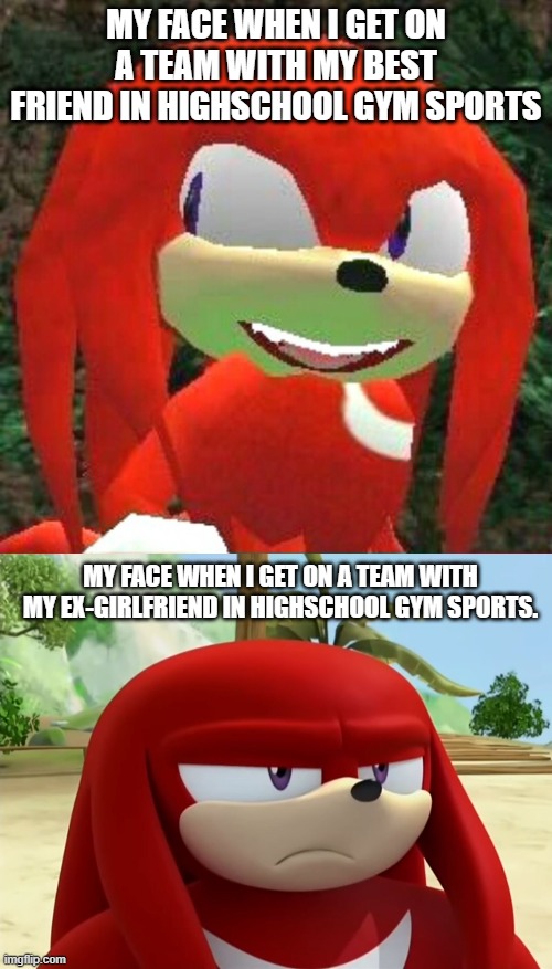 Aw hell nah! | MY FACE WHEN I GET ON A TEAM WITH MY BEST FRIEND IN HIGHSCHOOL GYM SPORTS; MY FACE WHEN I GET ON A TEAM WITH MY EX-GIRLFRIEND IN HIGHSCHOOL GYM SPORTS. | image tagged in gym,highschool,sports | made w/ Imgflip meme maker