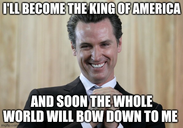 Scheming Gavin Newsom  | I'LL BECOME THE KING OF AMERICA; AND SOON THE WHOLE WORLD WILL BOW DOWN TO ME | image tagged in scheming gavin newsom | made w/ Imgflip meme maker