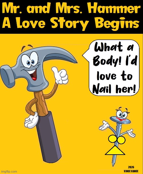 Tool Time® | 2026 VINCE VANCE | image tagged in vince vance,hammer,nails,mr and mrs,cartoons,nailed it | made w/ Imgflip meme maker