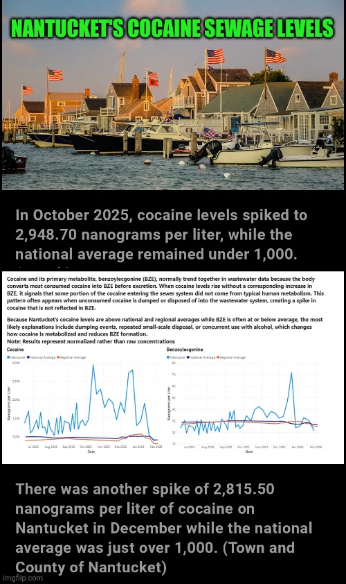Nantucket's charms: island life, celebrities,  billionaires and cocaine | NANTUCKET'S COCAINE SEWAGE LEVELS | image tagged in cocaine,sewage,nantucket,celebrities,billionaire,drug addiction | made w/ Imgflip meme maker