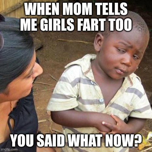 Third World Skeptical Kid | WHEN MOM TELLS ME GIRLS FART TOO; YOU SAID WHAT NOW? | image tagged in memes,third world skeptical kid | made w/ Imgflip meme maker
