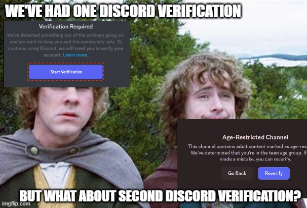 Second Breakfast | WE'VE HAD ONE DISCORD VERIFICATION; BUT WHAT ABOUT SECOND DISCORD VERIFICATION? | image tagged in second breakfast | made w/ Imgflip meme maker