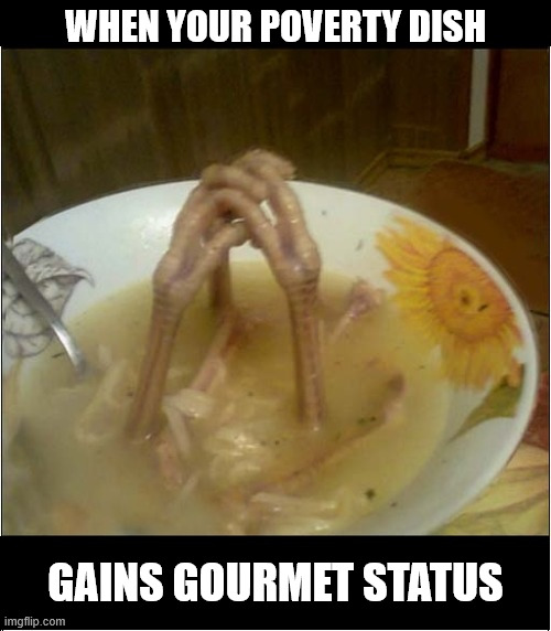 Gourmet Chicken Soup | WHEN YOUR POVERTY DISH; GAINS GOURMET STATUS | image tagged in final prayer,chicken,soup,noodles,gourmet,feet | made w/ Imgflip meme maker