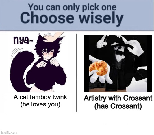 I'd choose the latter | Artistry with Crossant
(has Crossant); A cat femboy twink
(he loves you) | image tagged in choose wisely | made w/ Imgflip meme maker