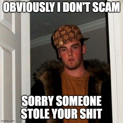 Scumbag Steve Meme | OBVIOUSLY I DON'T SCAM; SORRY SOMEONE STOLE YOUR SHIT | image tagged in memes,scumbag steve | made w/ Imgflip meme maker