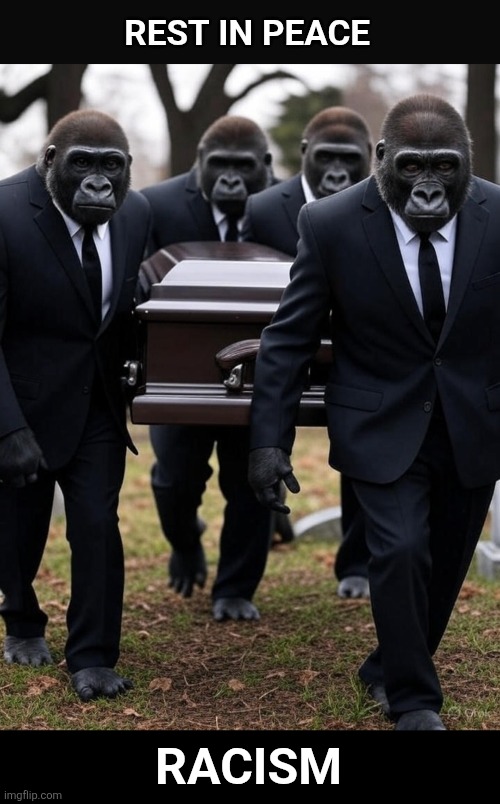 Rest In Peace Racism | RACISM | image tagged in rest in peace,racism,gorillas in the mist,jane goodall | made w/ Imgflip meme maker