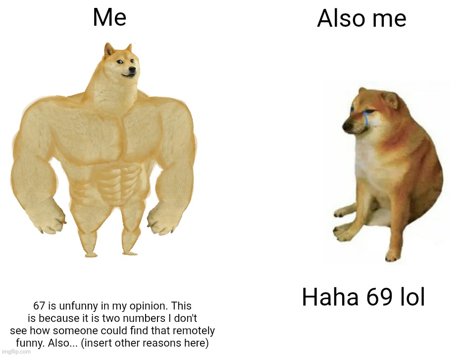 They're just two numbers... | Me; Also me; Haha 69 lol; 67 is unfunny in my opinion. This is because it is two numbers I don't see how someone could find that remotely funny. Also... (insert other reasons here) | image tagged in memes,buff doge vs cheems | made w/ Imgflip meme maker