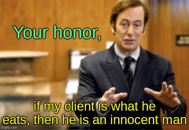 huh | Your honor, if my client is what he eats, then he is an innocent man | image tagged in saul goodman defending,memes,funny,dark,saul goodman,lawyers | made w/ Imgflip meme maker
