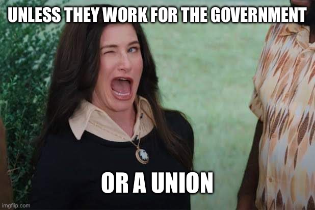 WandaVision Agnes wink | UNLESS THEY WORK FOR THE GOVERNMENT OR A UNION | image tagged in wandavision agnes wink | made w/ Imgflip meme maker