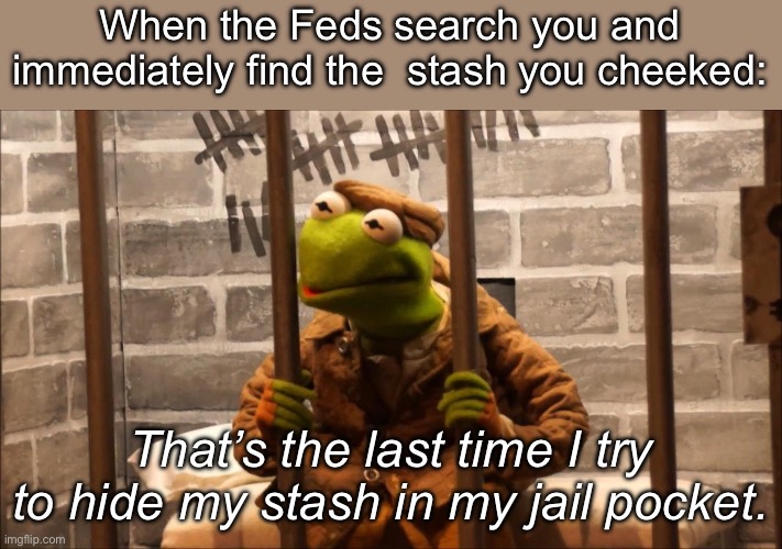 Jail Pocket: Disapproved by Dark Humour Stream | When the Feds search you and immediately find the  stash you cheeked: That’s the last time I try to hide my stash in my jail pocket. | image tagged in kermit in jail,jail,hidden,cheeky,search,fbi | made w/ Imgflip meme maker
